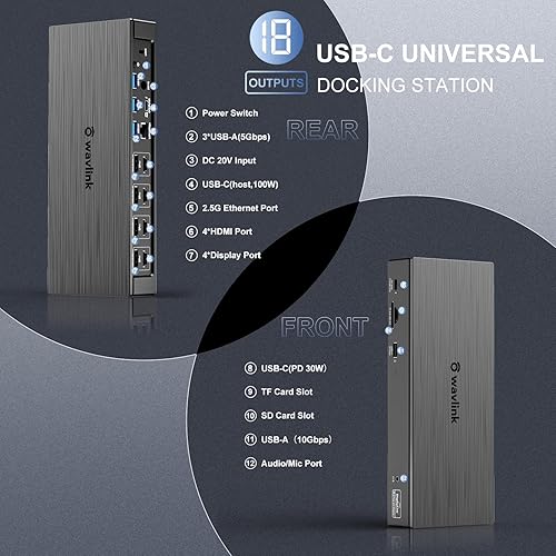 Vista 26 de Replicador de puertos USB 3.0 Wavlink para computadora portátil, visualización de pantalla con monitor dual DVI, HDMI, VGA, Gigabit Ethernet, audio