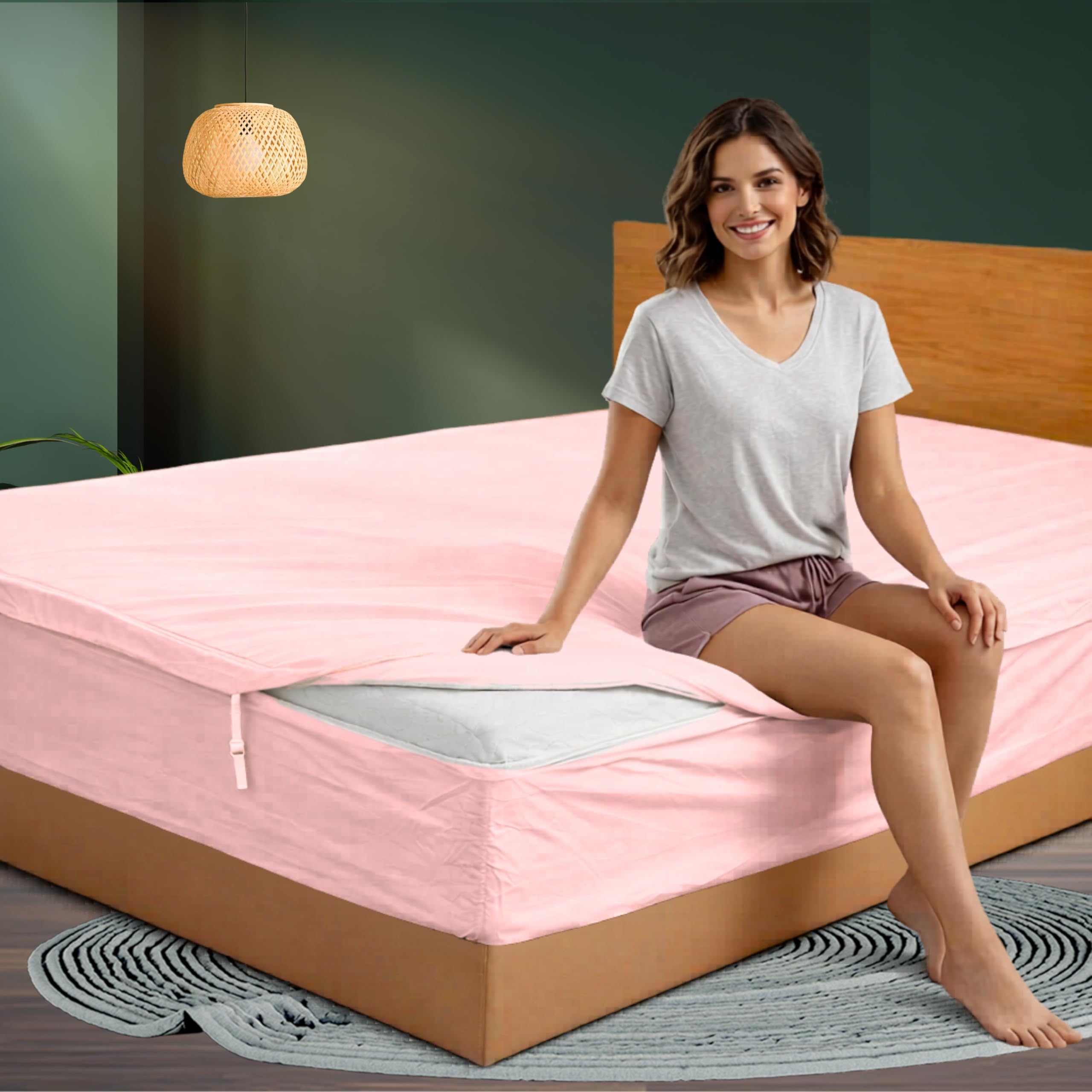 Lujoso Castle 600 TC Egyptian Cotton Modular Bedding | Fitted Base + 3 Zip Layers + Pillowcases | 40 cm Deep (Pink, Single)