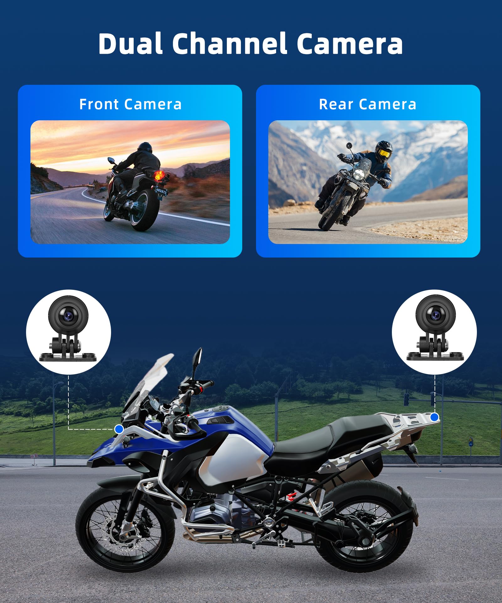 Rimoody sans Fil Carplay Écran Moto avec Dashcam 2 Caméras Avant et Arrière, 6.86 Pouces Écran Portable Carplay pour Motocycle Android Auto/Étanche IP68/Loop Video/Bluetooth/Mirror Link/Navi/Siri/EQ