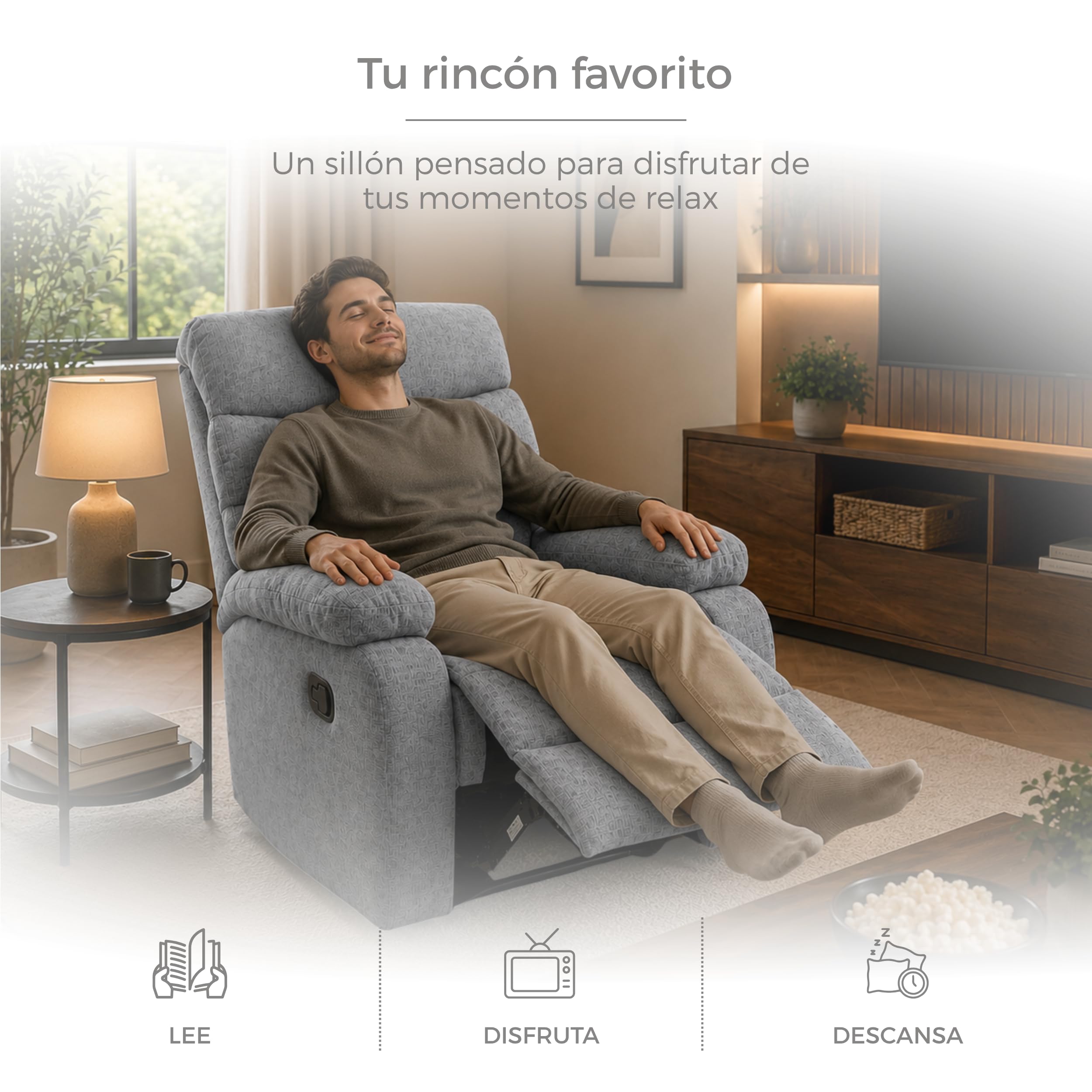 DESCANSIN - Sillon Relax Reclinable Manual con Palanca | Tapizado Tela Suave Antimanchas | Sillón Relax Asiento Firme y Respaldo Mullido | para 1 Persona | Relleno Resistente y Adaptable (Gris Claro)
