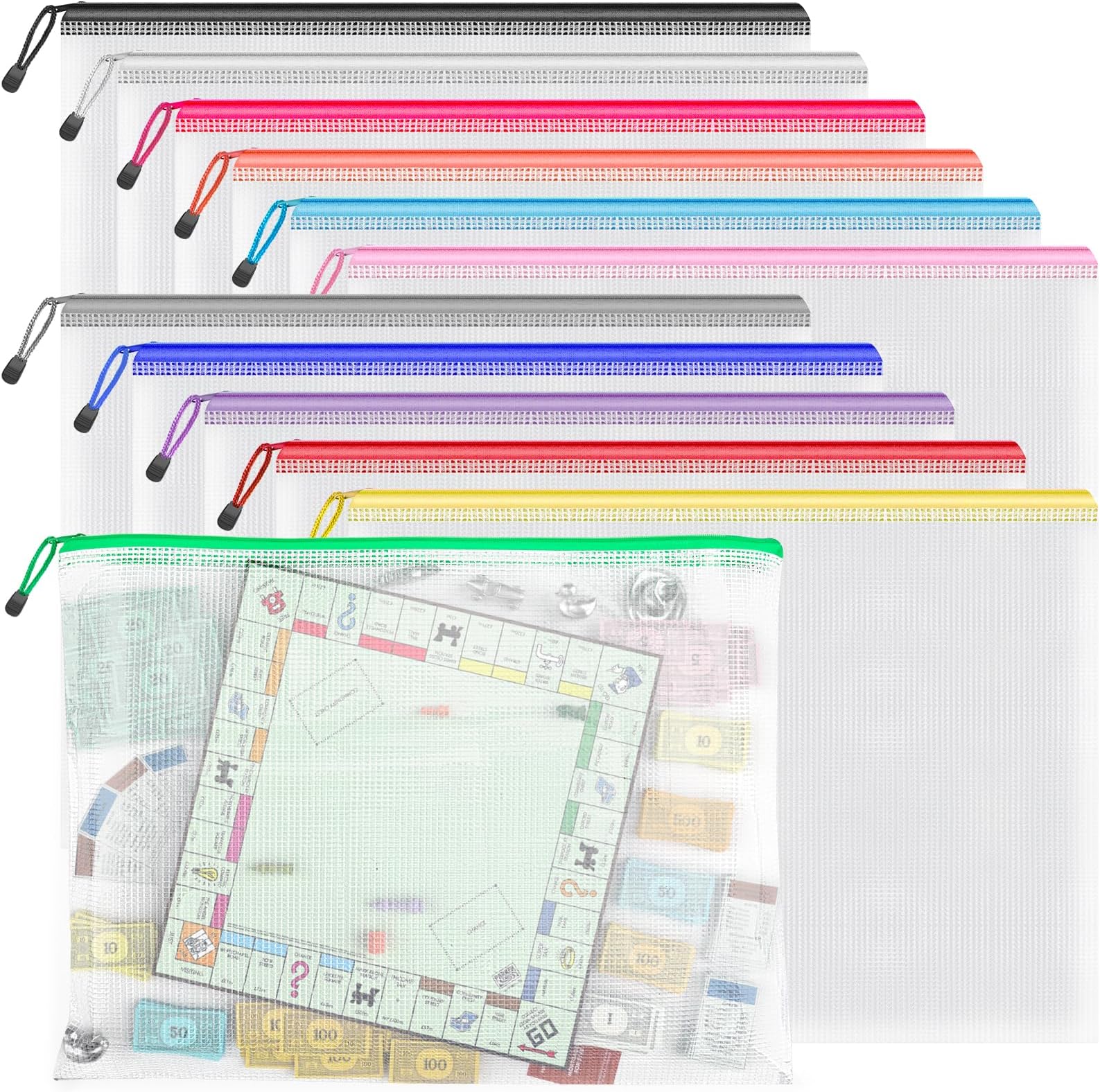 Board Game Storage Set Include 10pcs Large Mesh Zipper Pouch Bags & Foldable Storage