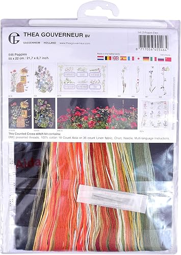 Miniatura 4 de Thea Gouverneur - Kit de punto de cruz, amapolas - Aida Black - 18 unidades - Kit de bordado para adultos - Hilos de bordado DMC y otros suministros