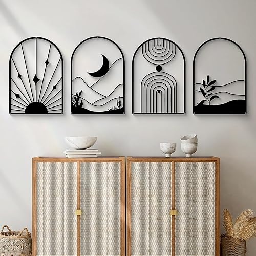 Glamativity 4 Pack Black Abstract Metal Wall Art, Minimalist Décor Single Line Art Wall Décor, 3D Textured Metal Wall Sculptures, for Living Room Bedroom Bathroom Study Room (Black Boho, M Size 17 x 12'')