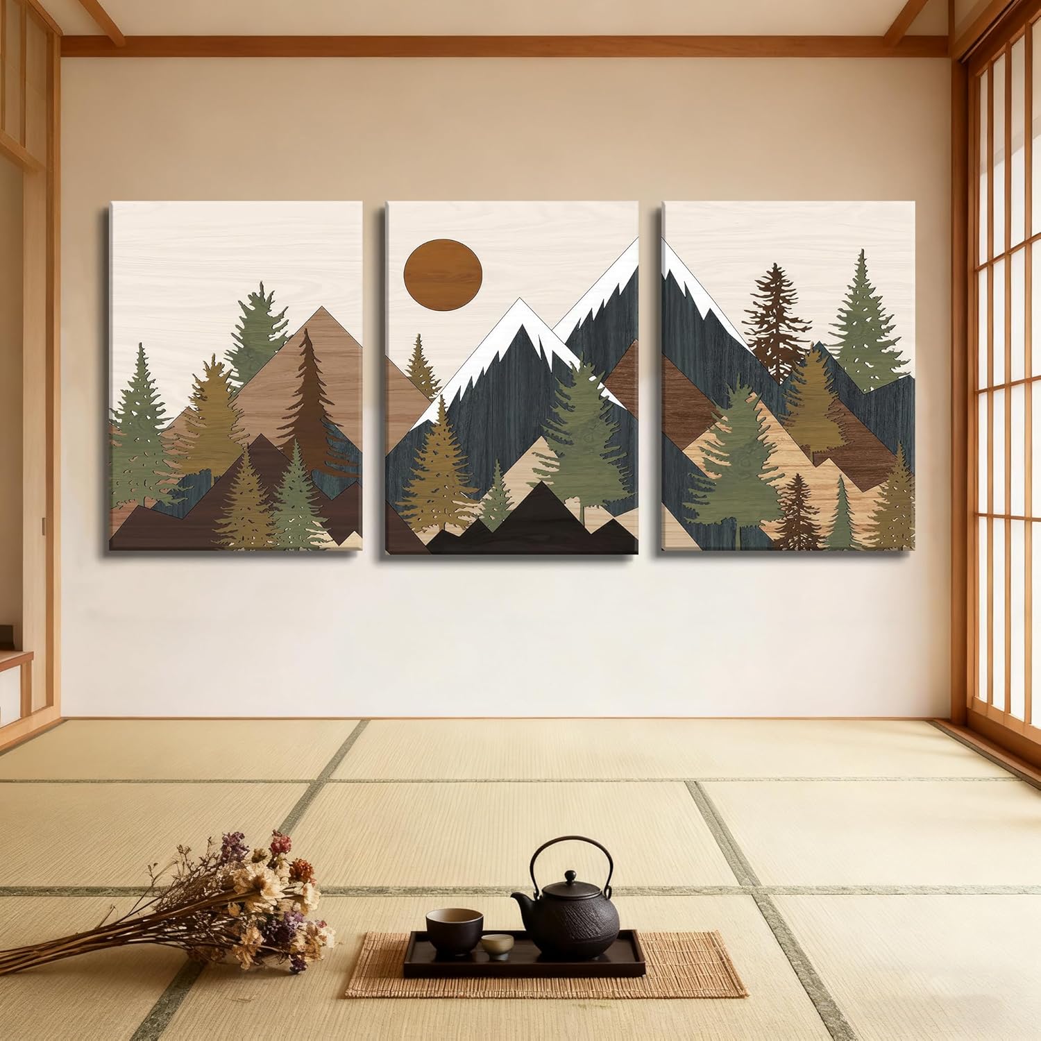YTAPIFS 3 Piece Mountain Canvas Wall Art - Modern Boho Forest Landscape Painting, Nature Themed Neutral Earth Tones Decor, Framed 3 Panel Picture for Living Room, Bedroom, Office - 12"x16" x 3 Panels