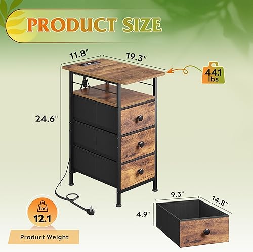 Miniatura 3 de WLIVE Mesa auxiliar estrecha con estación de carga, mesa auxiliar con luces LED, 3 cajones de tela y estante abierto, mesas auxiliares de cama para