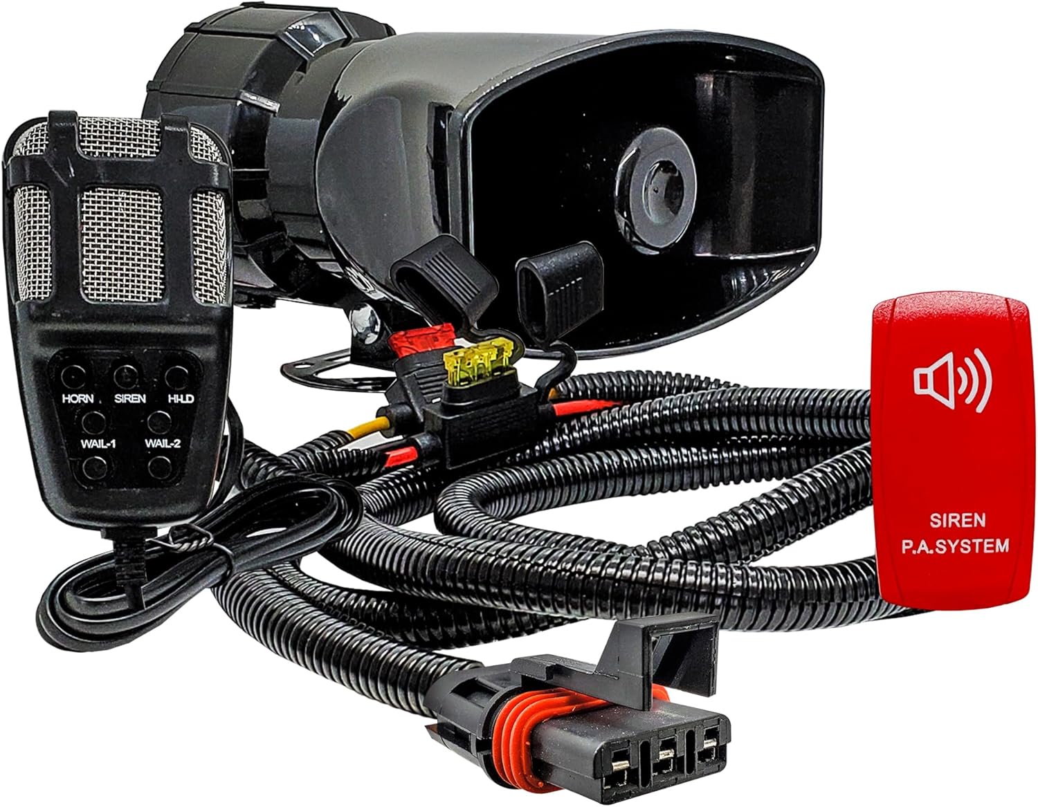 OZ-USA Siren PA Speaker Mic System Alarm Horn with Red Rocker Switch Pulse Power Busbar Plug Wire Harness Kit Compatible with Polaris RZR Turbo Pro Crew Ranger General XP Xpedition ADV 2018-2025