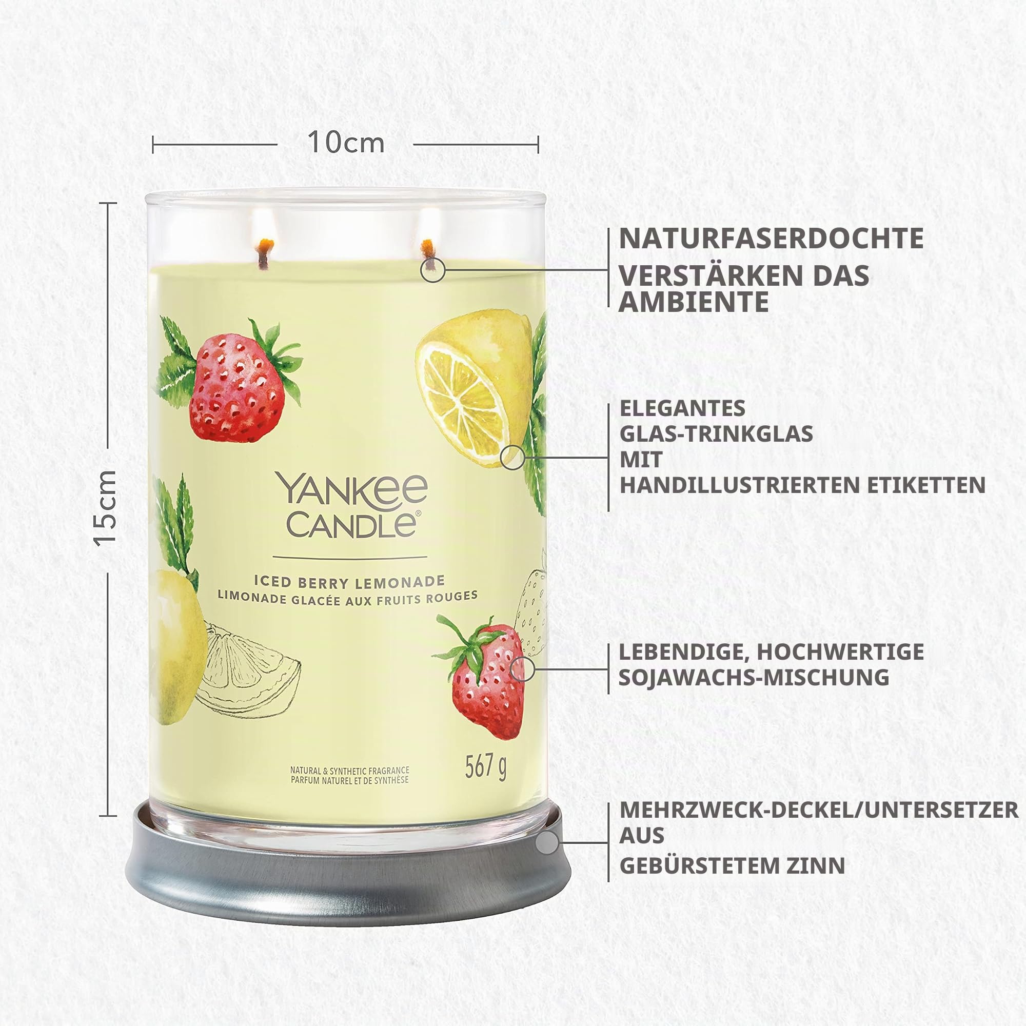 Yankee Candle Signature Duftkerze | große Tumbler-Kerze mit langer Brenndauer „Iced Berry Lemonade“ | Soja-Wachs-Mix | Perfekte Geschenke für Frauen