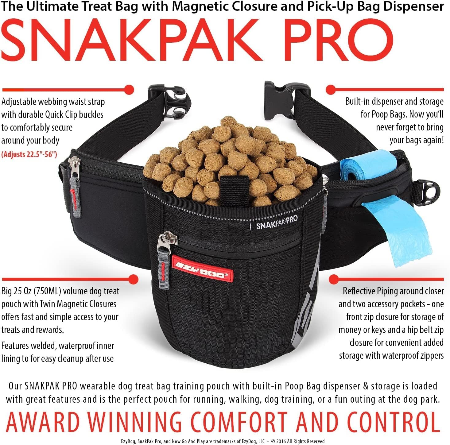 EzyDog SnakPak Pro Wearable Dog Treat Bag Waterproof Training Pouch with Magnetic Closure, Pick-Up Bag Dispenser, and Belt