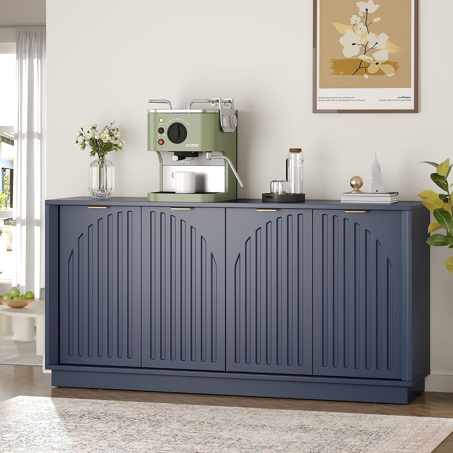 Fluted Sideboard Buffet Cabinet with Storage, 58” Mid Century Modern Accent Cabinet with Arch Doors, Large Wood Media TV Console Table Credenza for Living Room Hallway Entryway, Dark Blue