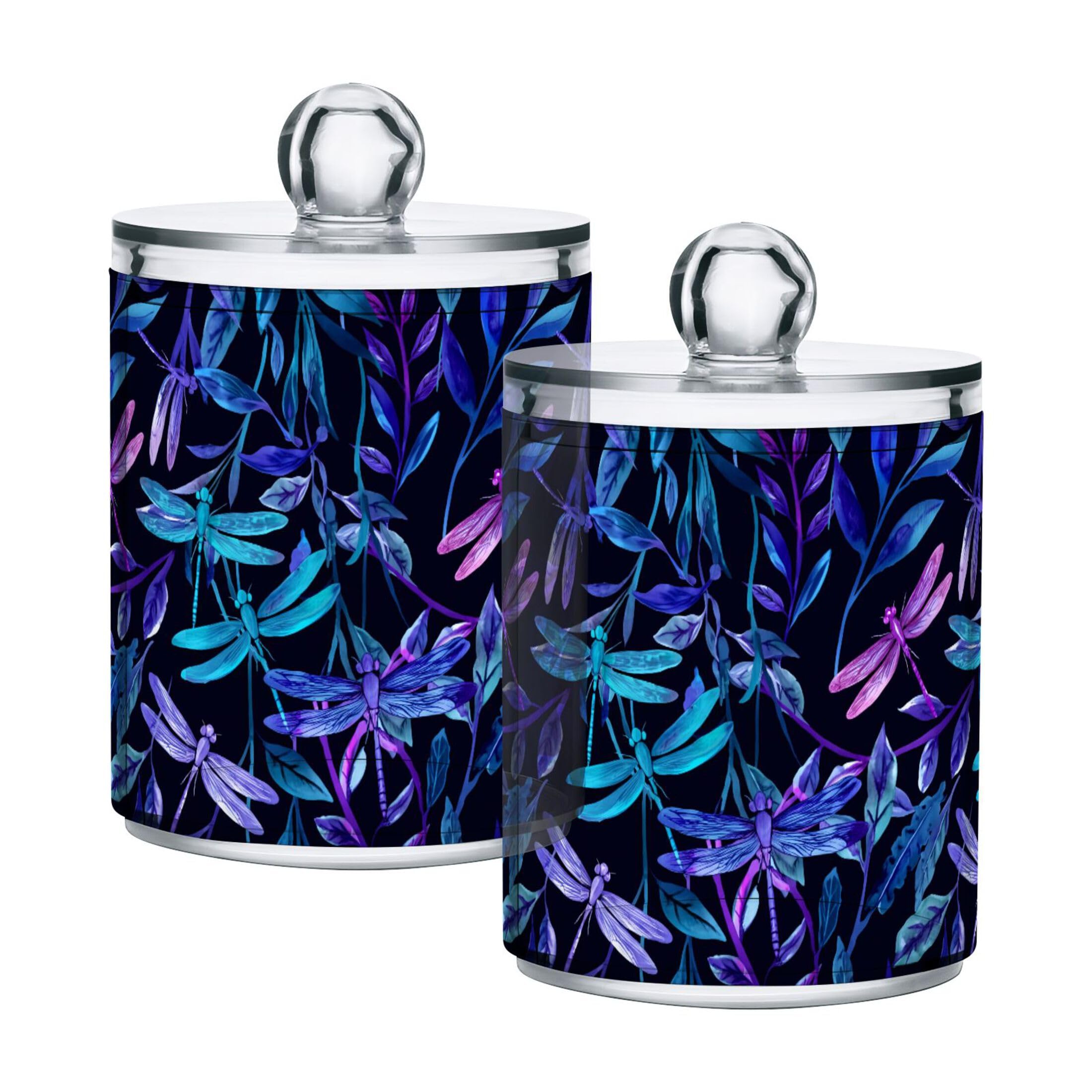 Sevdomey D788 Watercolor Dragonflies Qtip Holder With Lid Set Of 2, Clear Plastic Apothecary Jars Bathroom Storage Containers