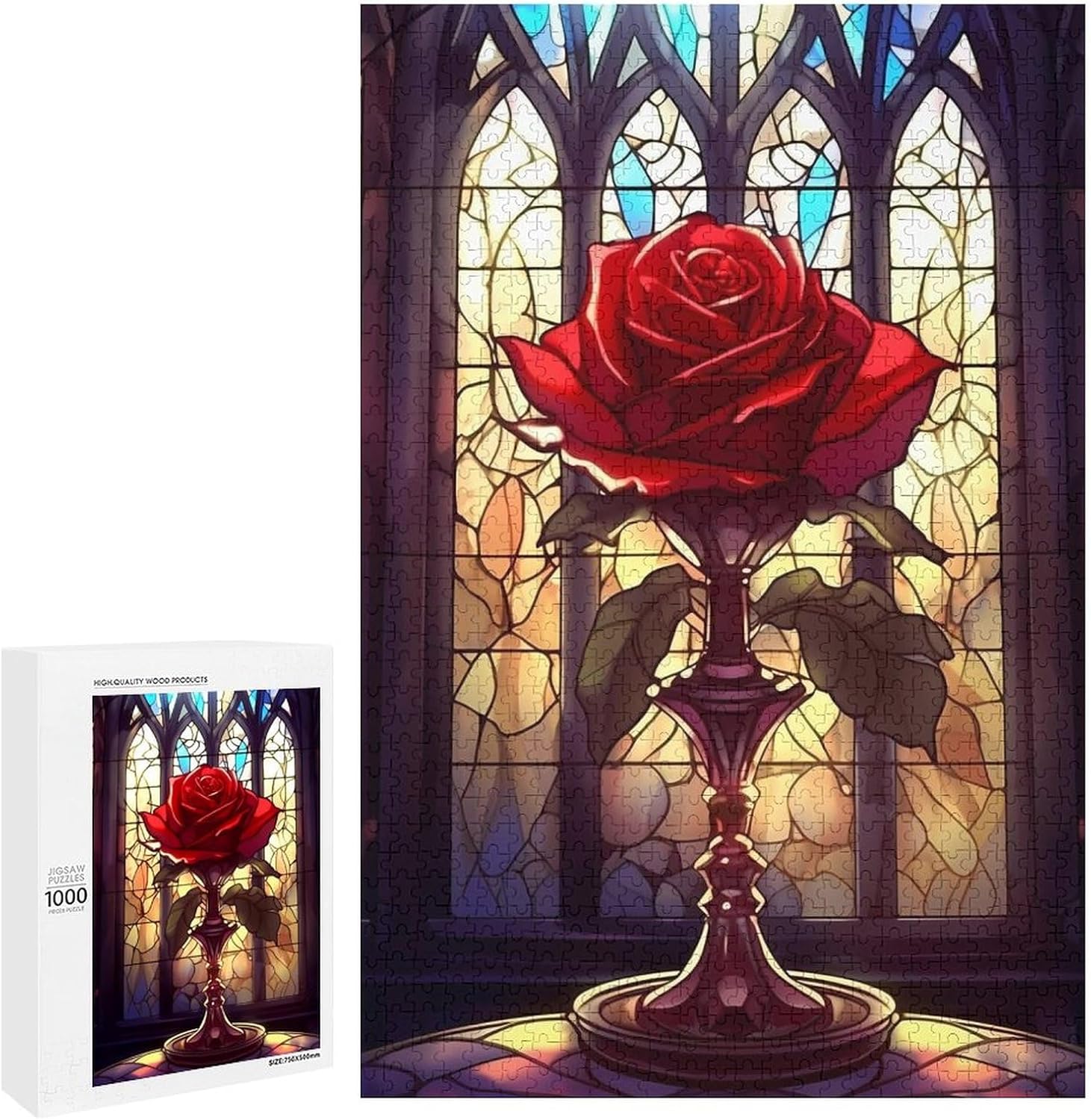 Puzzles for Adults 1000 Pieces - Beauty and Beast Rose Stained Glass Funny Jigsaw Puzzles Learning & Funny Educational Toys Gift
