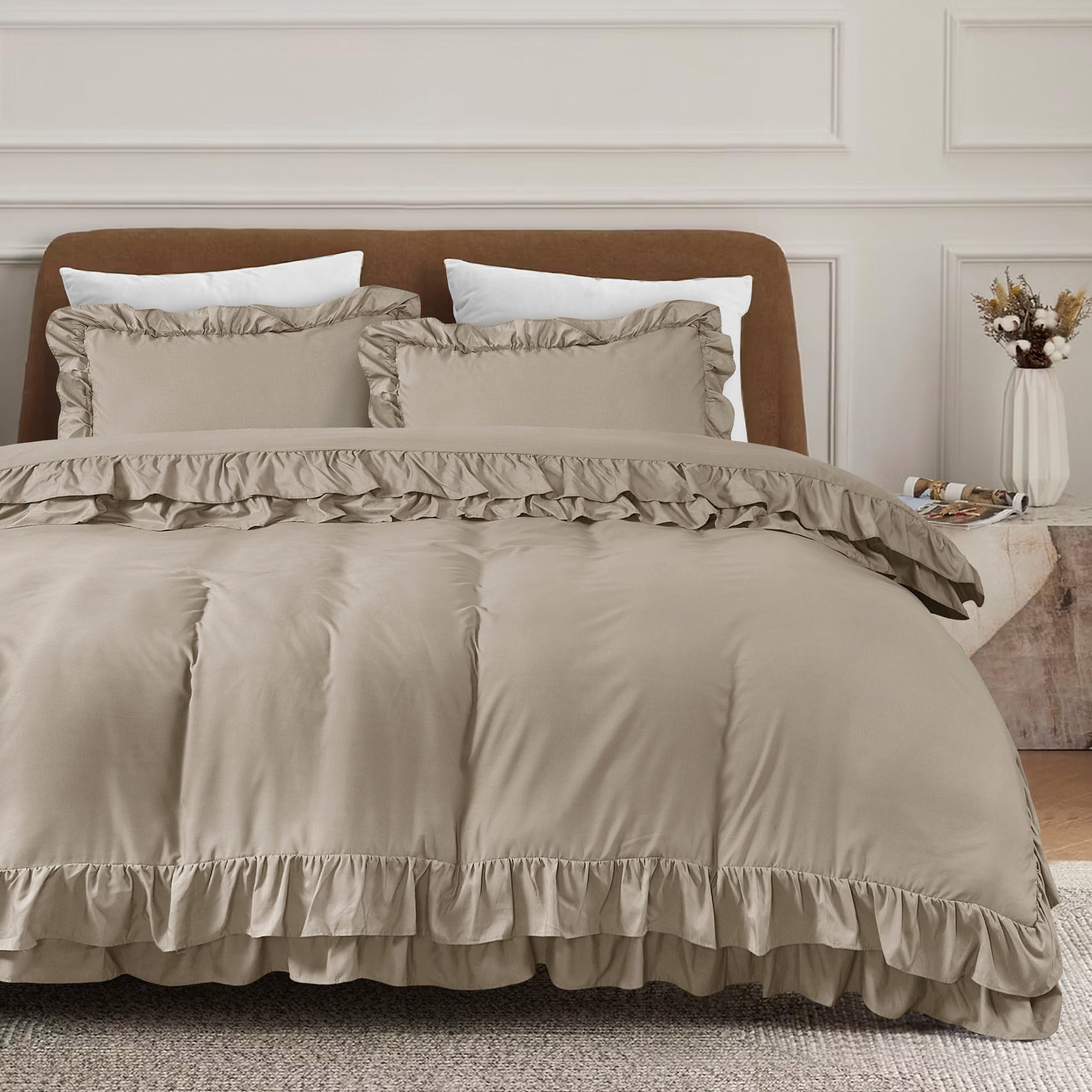 QATAN 3 Pieces Ruffle Bedding Set with 2 Pillowcase Frills Duvet Cover with Button Closure Soft Microfiber Duvet Cover Set (Beige, Single) — image 1