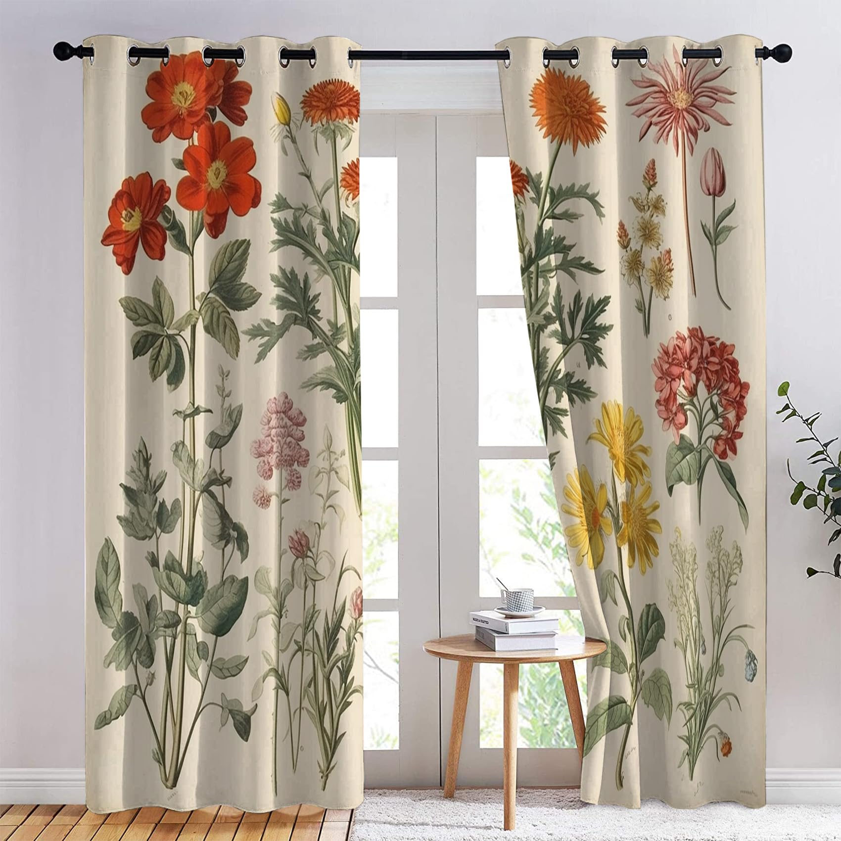 Rideau Occultant Fleurs, Rideau Isolant Thermique pour Salon Chambre, Rideaux Motif Plantes Floral, Rideau Opaque à Oeillets, Lot de 2 Rideaux et Draperies Intérieur 140x160cm LxH