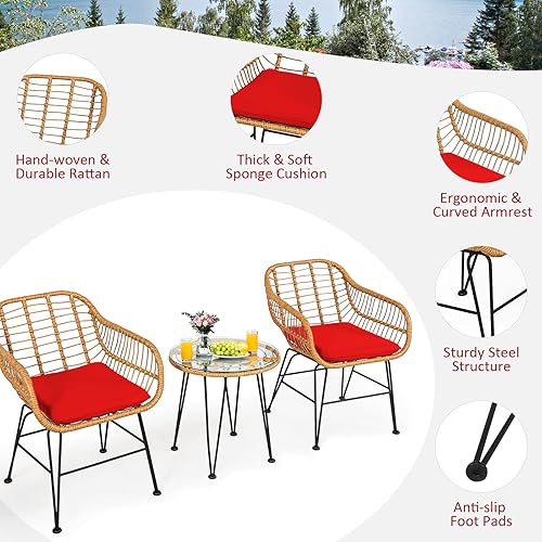 Miniatura 69 de Tangkula 3 Pieces Patio Bistro Set, Rattan Conversation Set with 2 Cushioned Armchairs & Round Glass Coffee Table, Indoor Outdoor Wicker Furniture