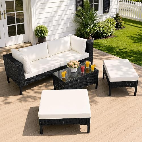 Wicker Patio Conversation Set with Aluminum Frame, 5 Piece Outdoor Modular Sectional Sofa, Stackable Rattan Furniture for Pool, Garden, Balcony - Black/Beige