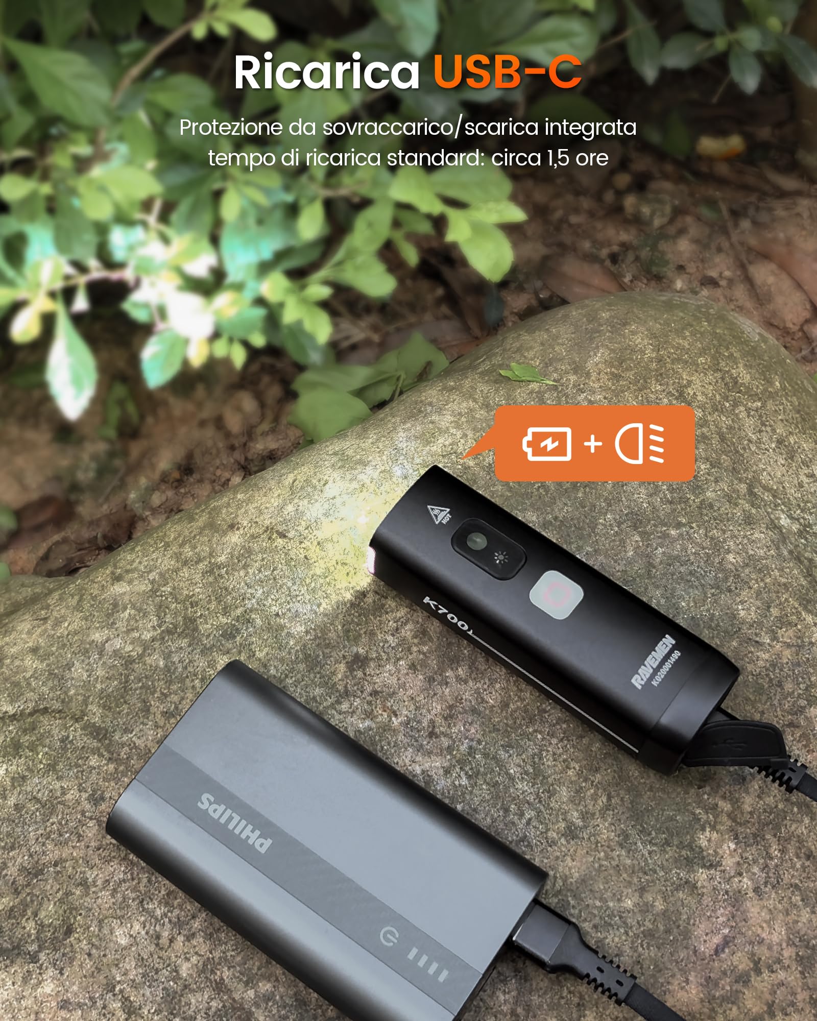 RAVEMEN K700 Luce Anteriore per Bici, 700 Lumen Intelligente Diurna Modalità USB-C Impermeabile IPX7 4 Modalità Adatto per il Pendolarismo, la Guida su Strada e le Strade Sterrate