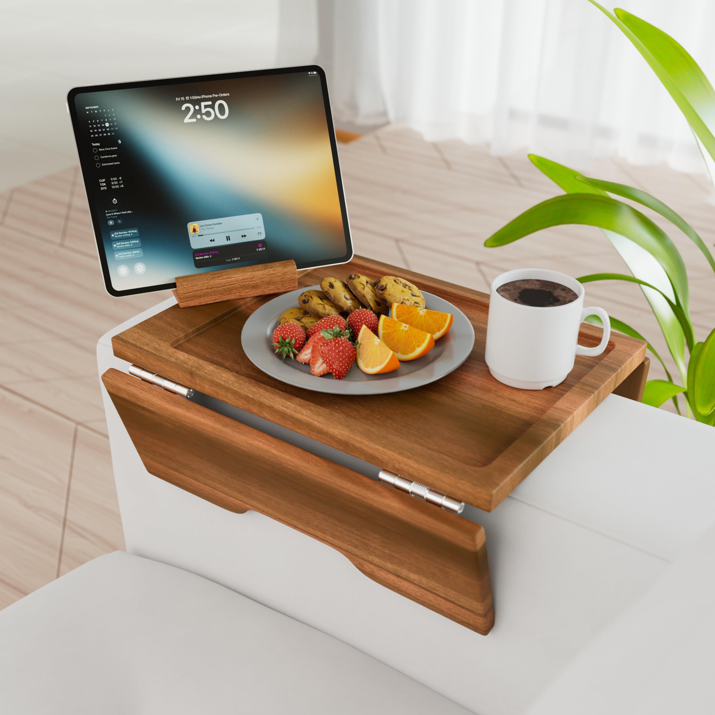 Couch Arm Table Tray with Phone & Tablet Holder – Acacia | Premium Clip-On Sofa Arm Tray for Snacks, Drinks, Remotes, and More – Perfect Sofa Side Table for Living Room Comfort
