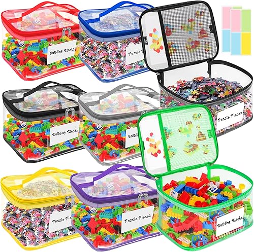 AOBOPLE Paquete de 8 bolsas transparentes de almacenamiento de juguetes con etiqueta de nombre y bolsillo manual, bolsas organizadoras de juguetes