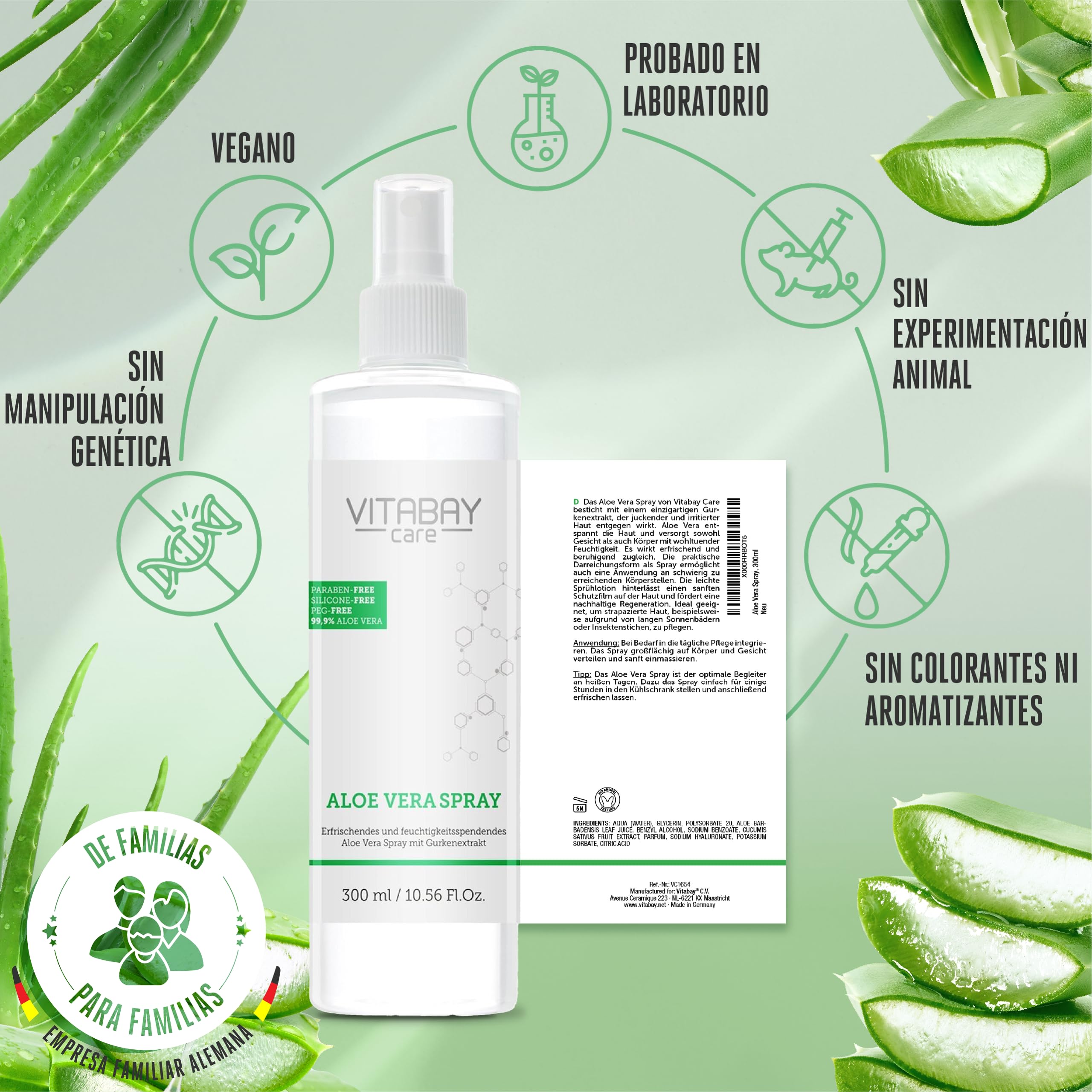 Aloe Vera Spray - cuerpo y cabello extra fuerte 600ml - 99,9% Aloe Vera de n.b.A + ácido hialurónico