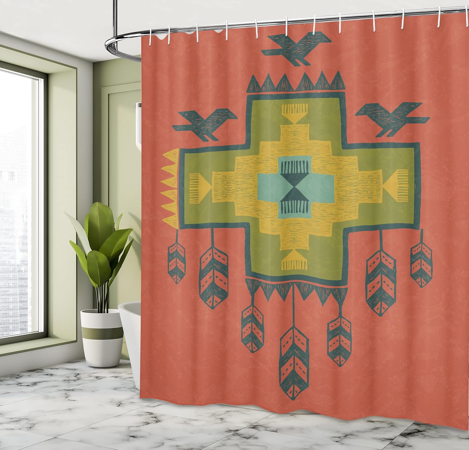 Ambesonne Tribal Shower Curtain, Hand Drawn Dreamcathcher Folkloric Birds Image, Cloth Fabric Bathroom Decor Set with Hooks, 69" W x 75" L, Pale Ruby and Multicolor