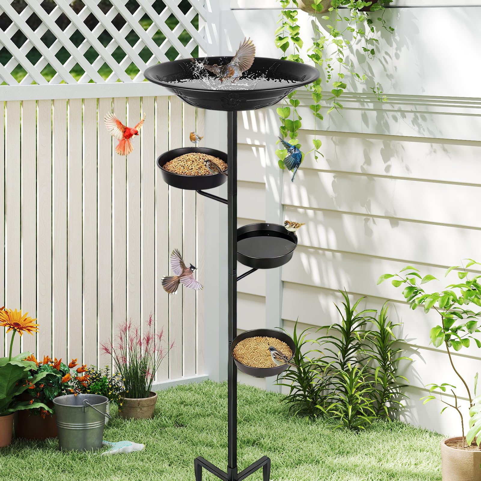 Pila o Baño para Pájaros de Metal con Estacas, Múltiples Niveles, Elegante | y Bebedero para Aves Silvestres de Exterior para Jardín, Patio, Terraza y