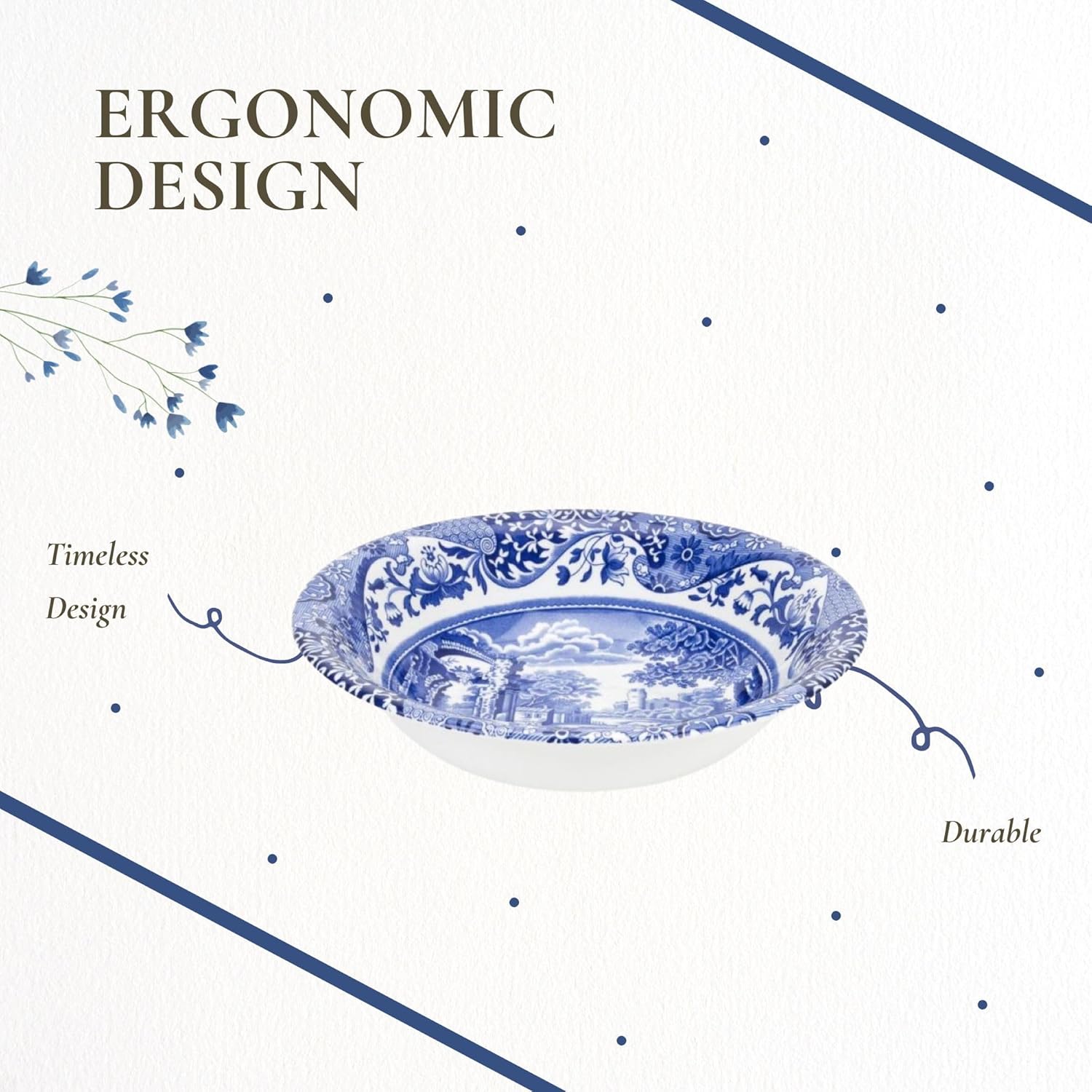 Spode Blue Italian 6.25-Inch Cereal Bowl - Earthenware Bowl with Blue Patterned Rim, Elegant Individual Tableware for Breakfast, Soups, Salads - Mix & Match with Dinnerware Sets Great for Hosting