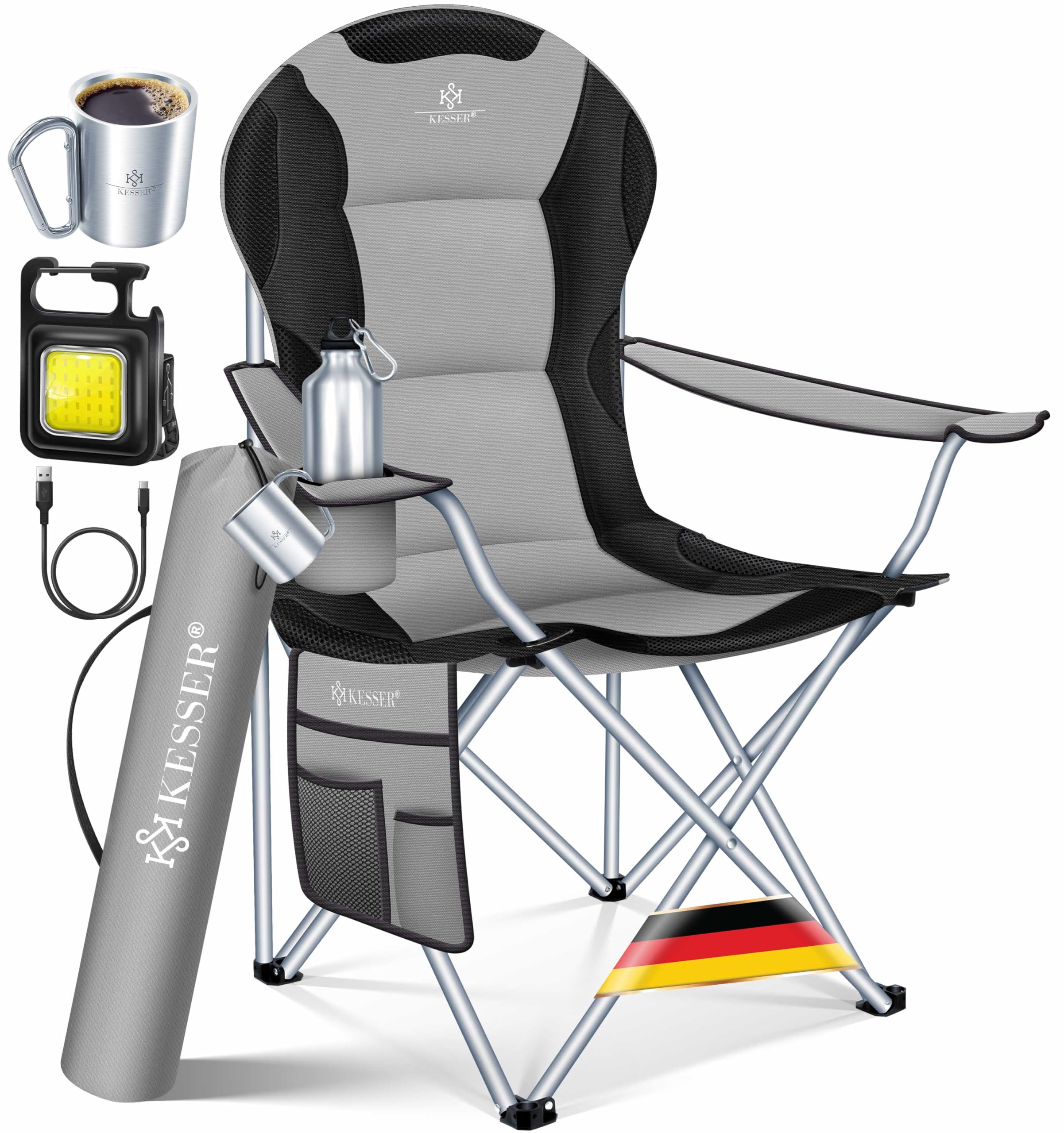 KESSER® Silla de Plegable Camping Acolchada hasta 150 kg, con Apoyabrazos y Portavasos + Bolsa con Respaldo Alto, Silla de Playa, Taburete, Gris/Negro