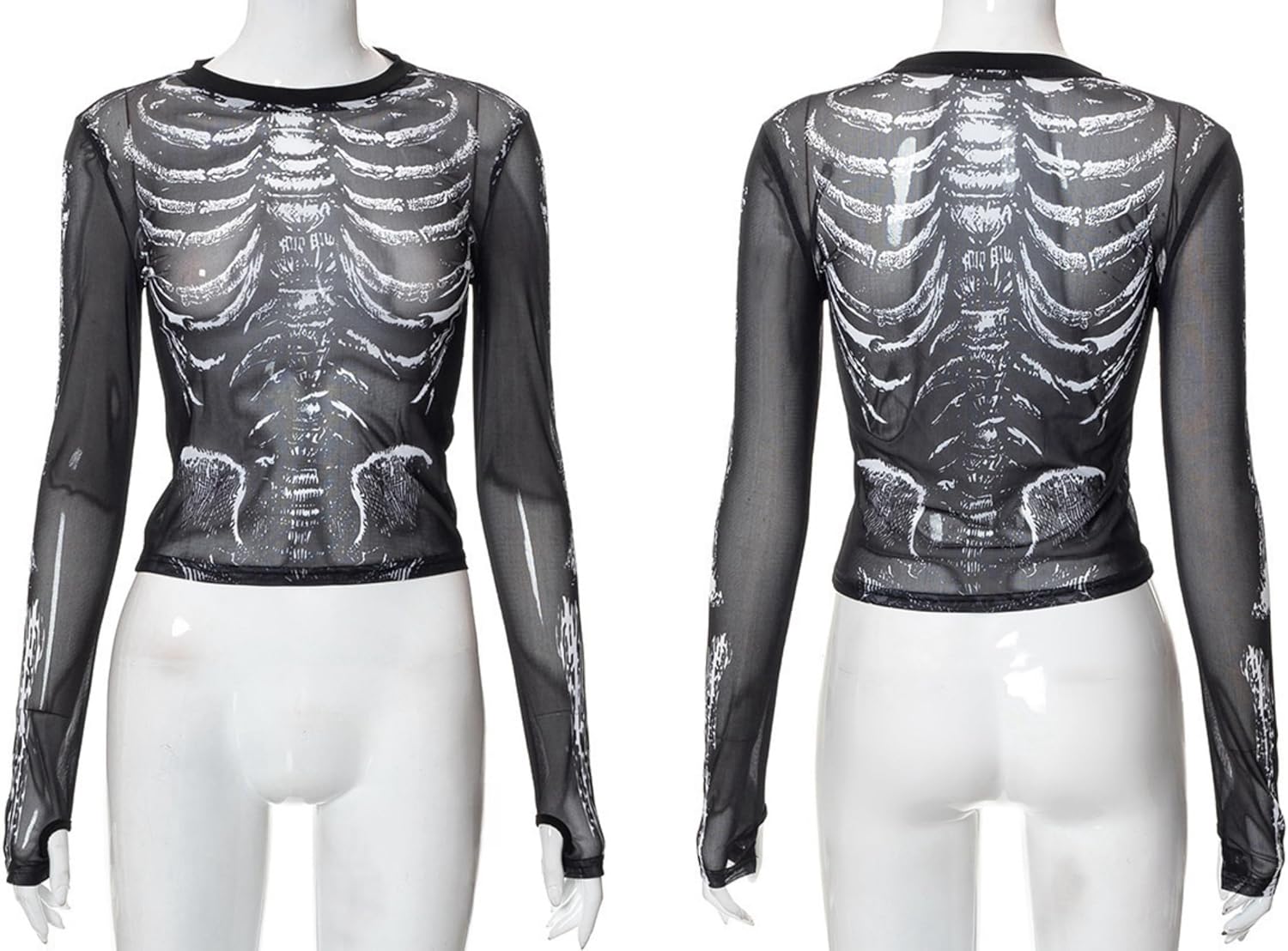 Women's Sexy Mesh See Through T Shirt Fashion Money Print Long Sleeve Crop Top Slim Tee Tops - Image 5