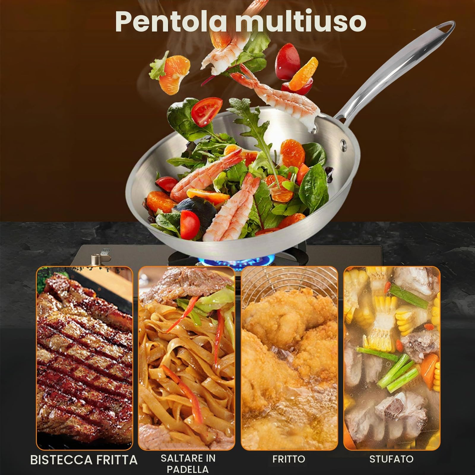 Padella in acciaio inox adatta al forno e induction, 3 strati acciaio inossidabile 304 non rivestito, manico ergonomico (30 cm)