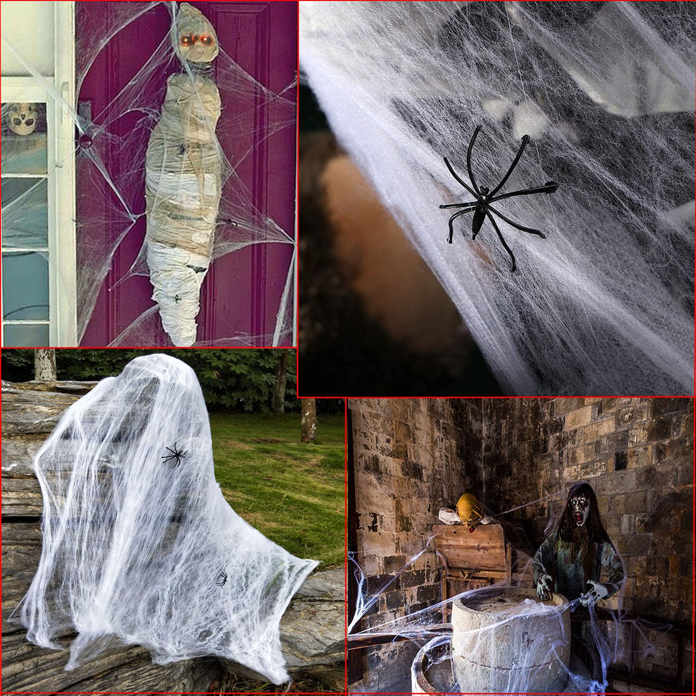 Set Decorazioni Halloween: 60g Di Ragnatela Estensibile (300 Piedi Quadri) + 30 Ragni Finti Realistici