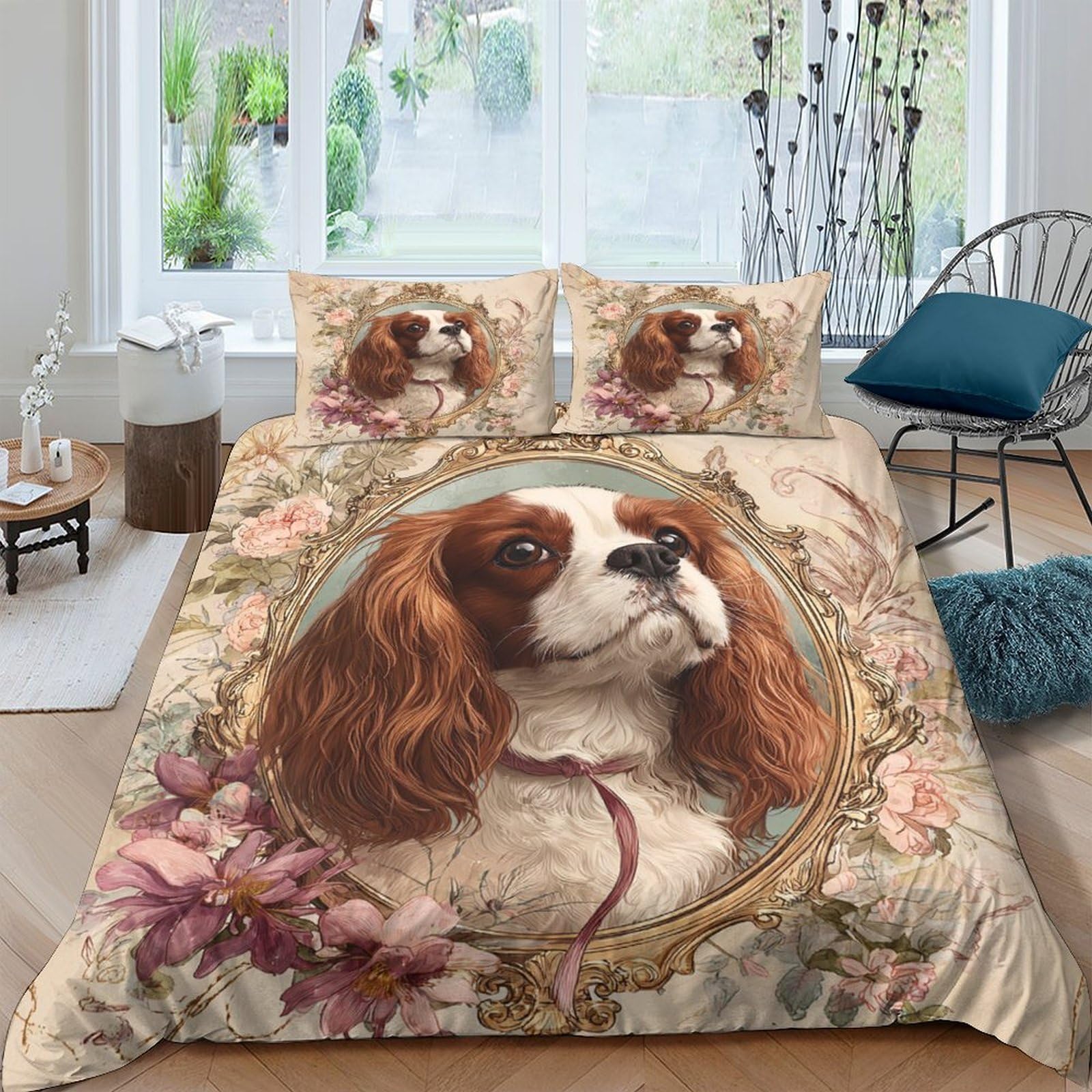 XFKLYNVCJ 3D Printed Vintage Dog portrait Bed Cover Polyester Classic pet illust Bedding Cover Wrinkle Resistant Shrink Resistant Friends Home Bedroom Use King（220x240cm）