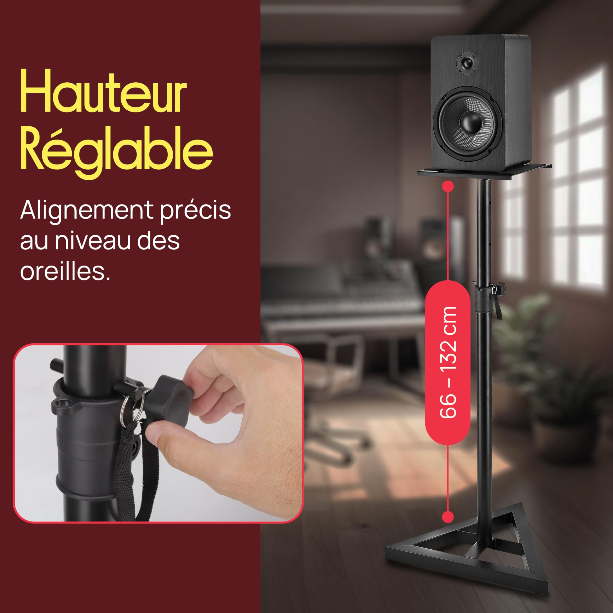 Pyle Support d’Enceinte Télescopique Réglable – Pied de Sol Robuste avec Base Triangulaire à Trois Pointes et Plateau Carré, Noir