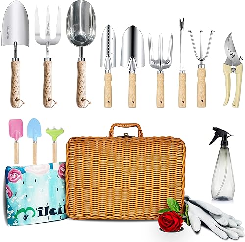 Milcil Juego de herramientas de jardín 16 piezas de acero inoxidable resistente con agarre de madera caja de almacenamiento kit de herramientas de