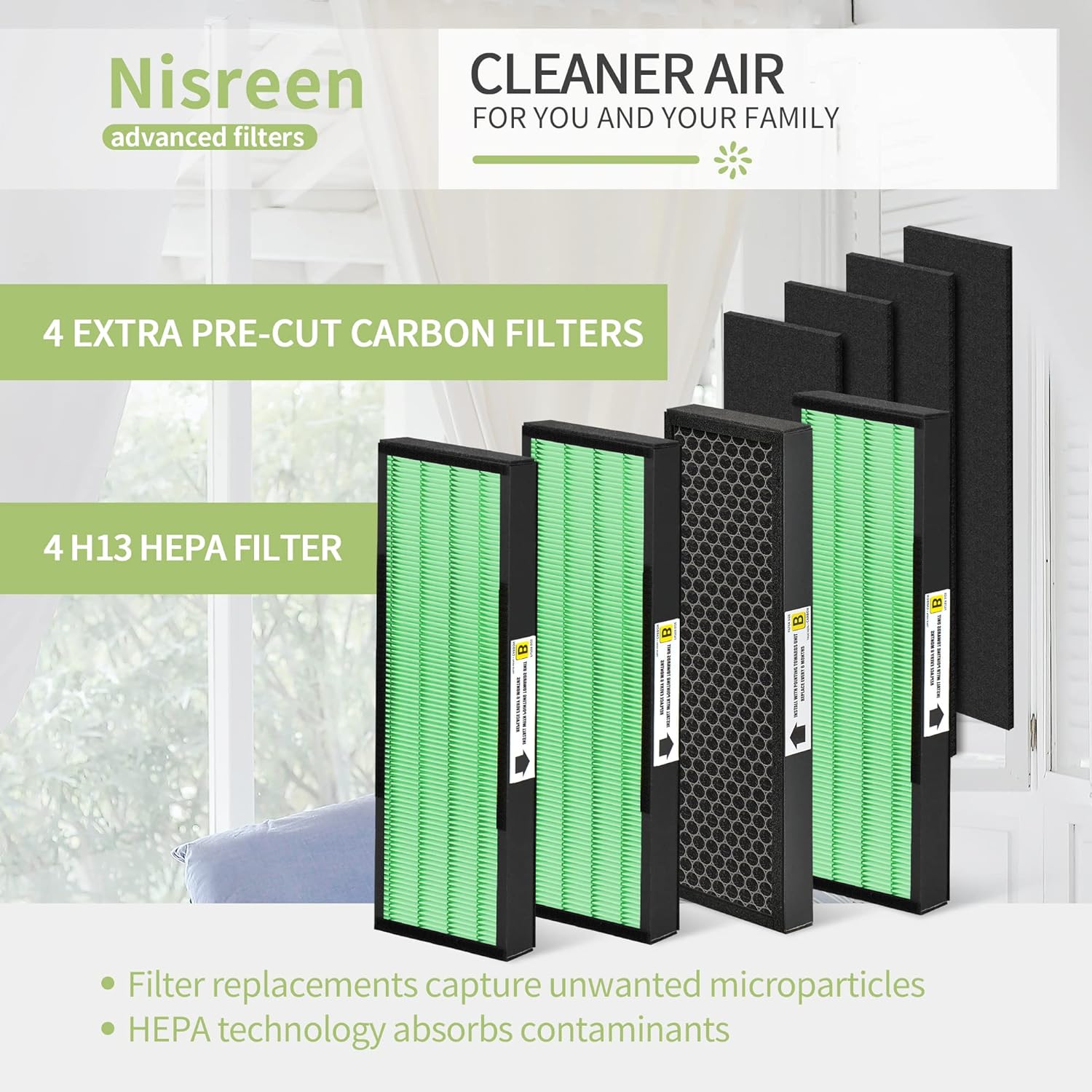 [Upgraded] Nisreen AC4825 HEPA Filter B Replacement Compatible with Guardian Filter B for Improving Moist Conditions, for Models AC4825E AC4850PT AC4900CA, 4 H13 HEPA and 4 Pre-Filters