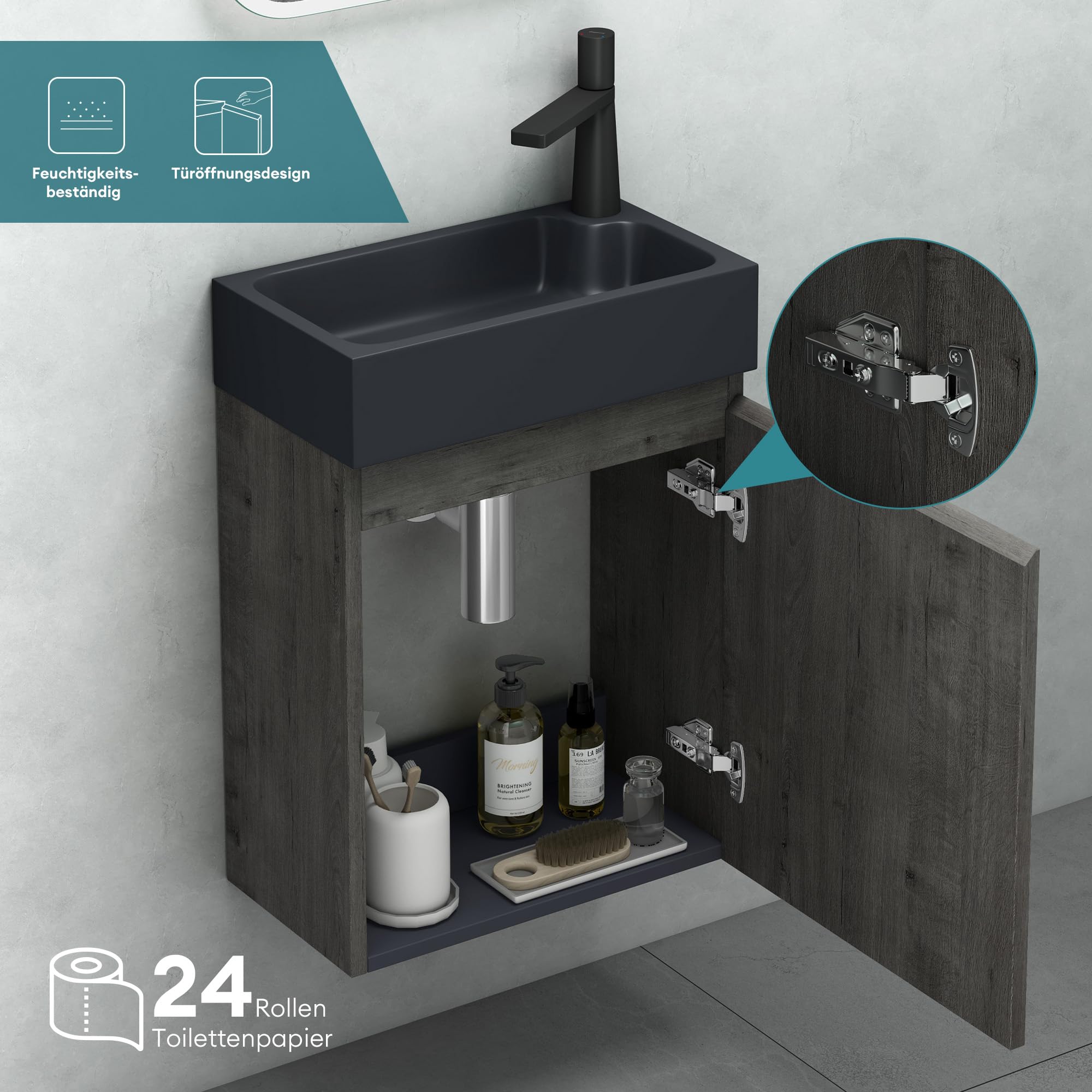 Mai & Mai Mobile Bagno Sospeso46x26x63cm in Rovere scuro, Set Mobiletto per Bagno con Lavabo da Minerale fuso in Antracite opaco, Seria Pisa02