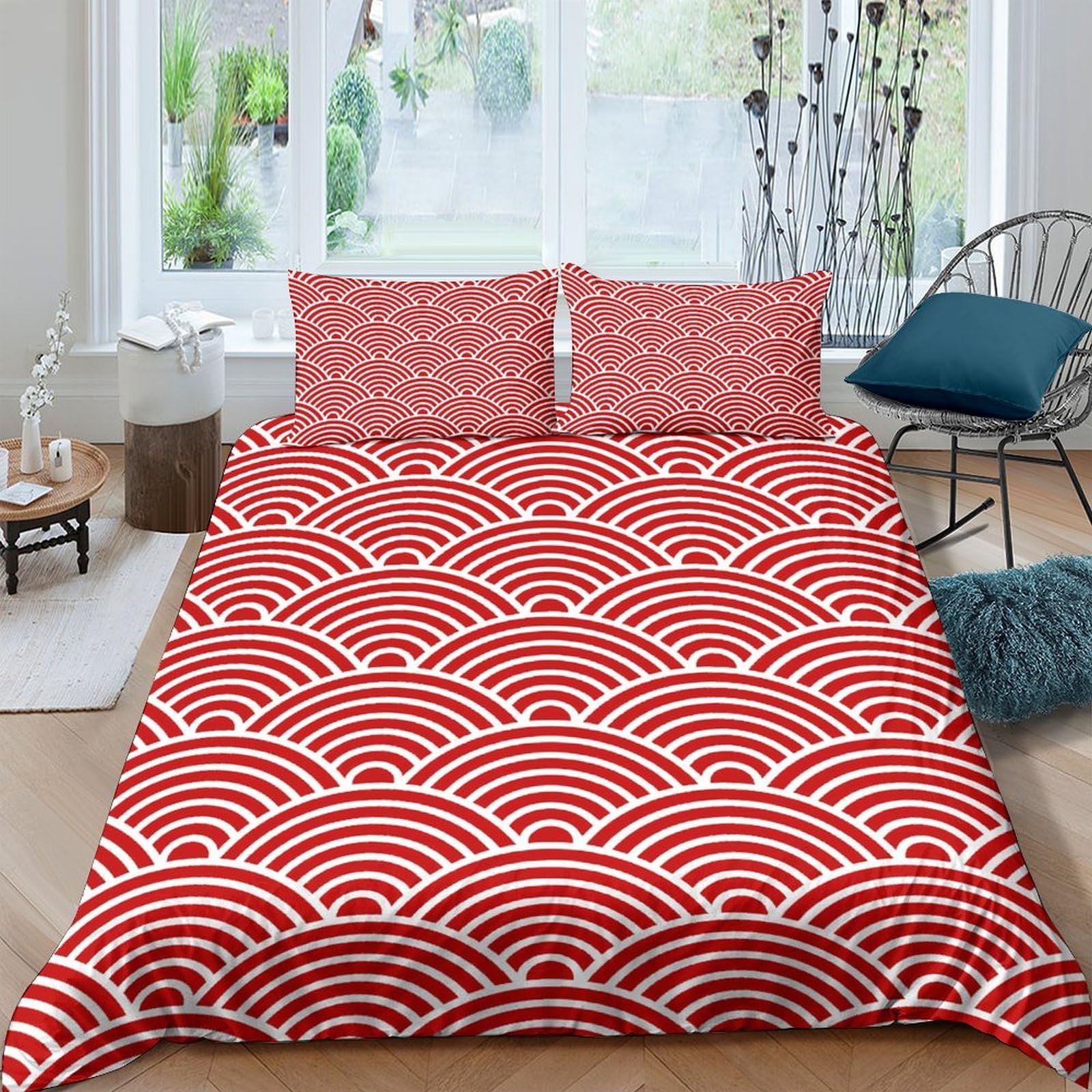 TUFRTGYHN 3D Printed Japanese Seigaiha Duvet Cover Microfiber Red Wave Bedding Set with 2 Pillowcases for Bedroom Home Decor Single（135x200cm）