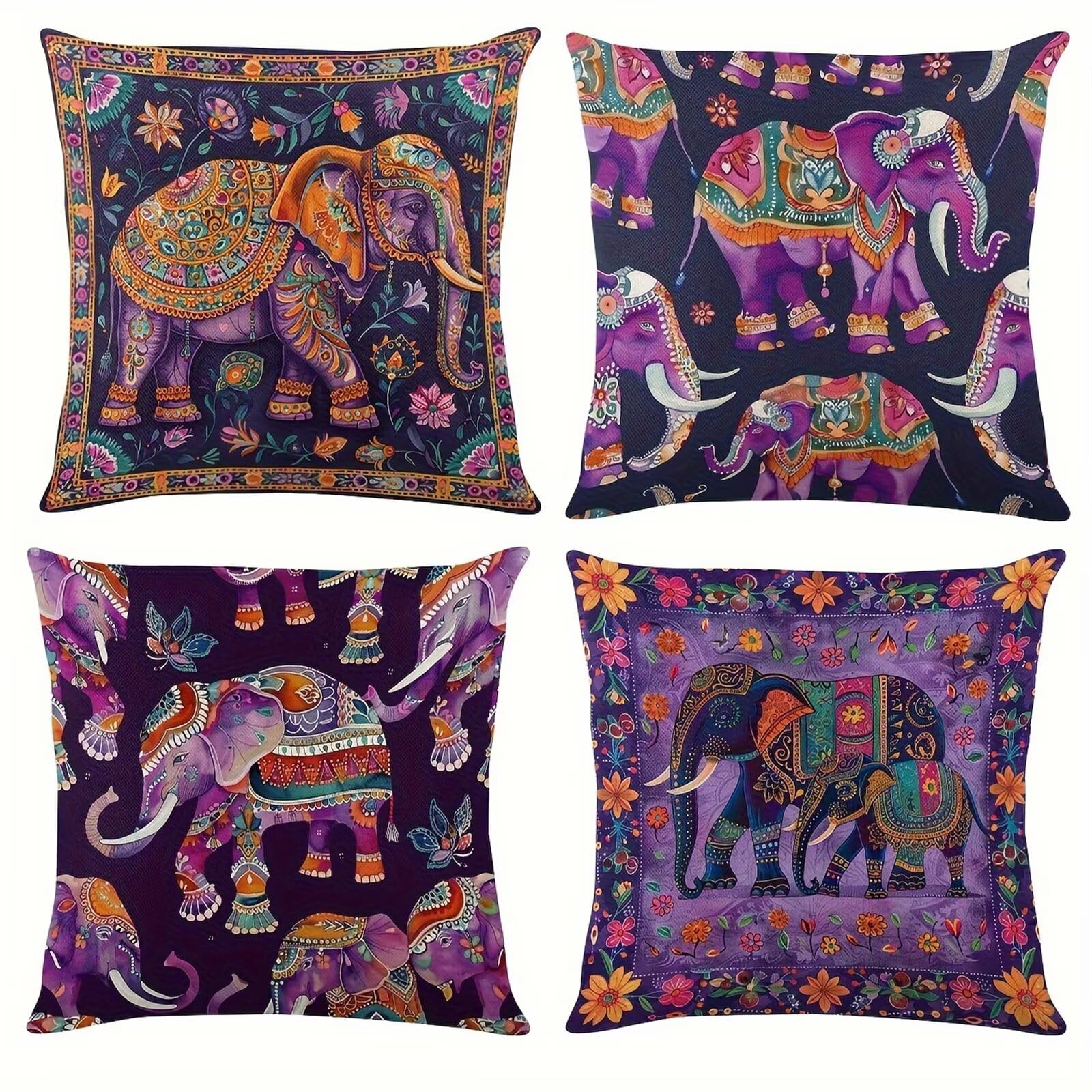 QiHon Animals Elephants Cushion Covers 30x30 cm Set of 4, Decorative Throw Pillow Cases, 12x12 inch Square Linen Pillowcases for Sofa Living Room Bedroo