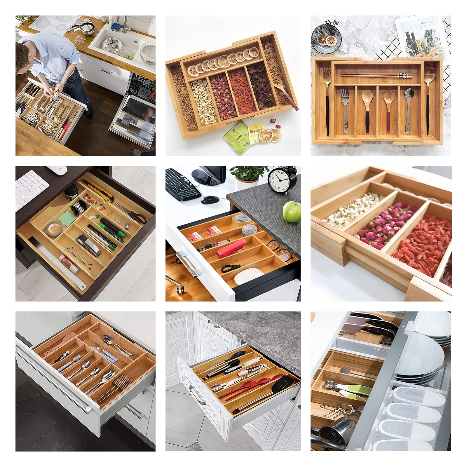 Organizador de cajones de cocina Bandeja de utensilios extensible Organizador de cajones Cubiertos Organizador de cubiertos en cajón Organizador de cajones de cubiertos de madera Bandeja de cubierto