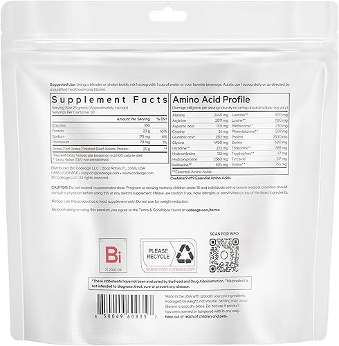 Miniatura 9 de Codeage Suplemento de proteína aislada de carne alimentada con pasto  20 aminoácidos, rico en colágeno  Atletas y deportes  Suplemento de proteína