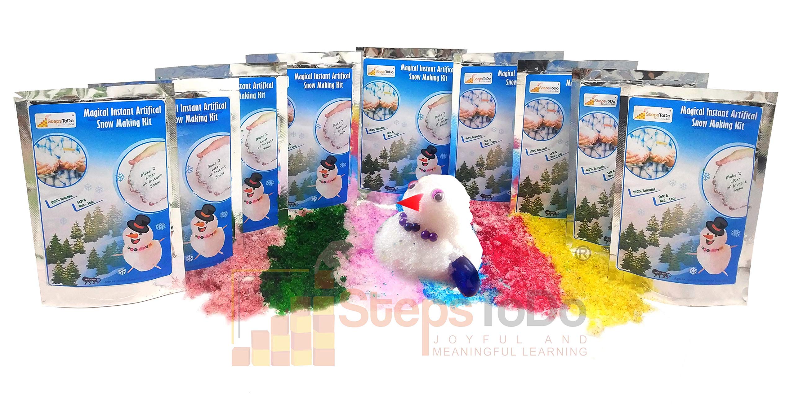 StepsToDo Instant Snow Making Kit with Device | 500g Artificial Magical Snow Powder (Pack of 10) | DIY Science Activity for Kids & Parties