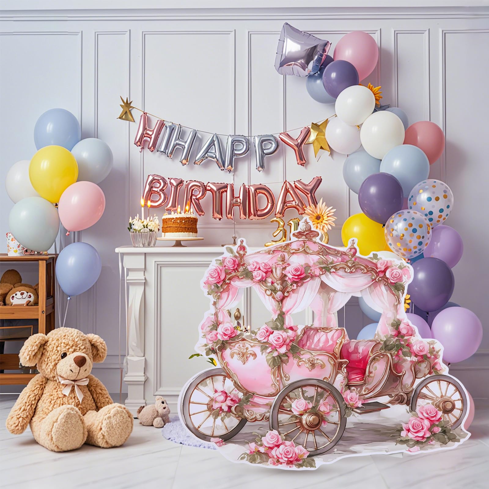 Toile de fond en carton pour photomaton de princesse – Découpe en carton grandeur nature – Toile de fond pour photographie – Décoration de fête d'anniversaire princesse (1, chariot de fleurs roses)