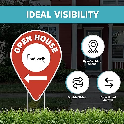 Miniatura 3 de Letreros de puertas abiertas para bienes raíces con estacas de metal, flechas direccionales de doble cara de 17.5 pulgadas de alto, marcador de