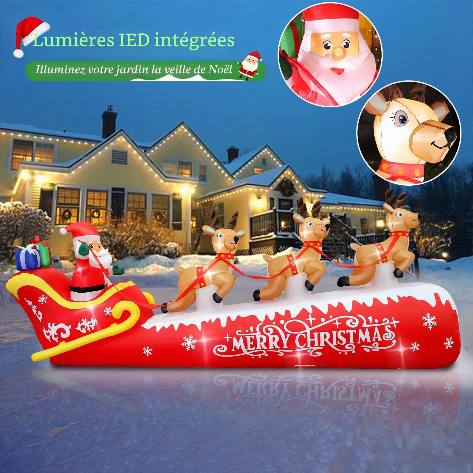Décoration de Noël Gonflable de 360 cm/12 Pieds, Trois Rennes tirant Le traîneau du Père Noël, étanche IP44, gonflage Rapide en 1 Minute, Convient pour Les Jardins/Places publiques, etc
