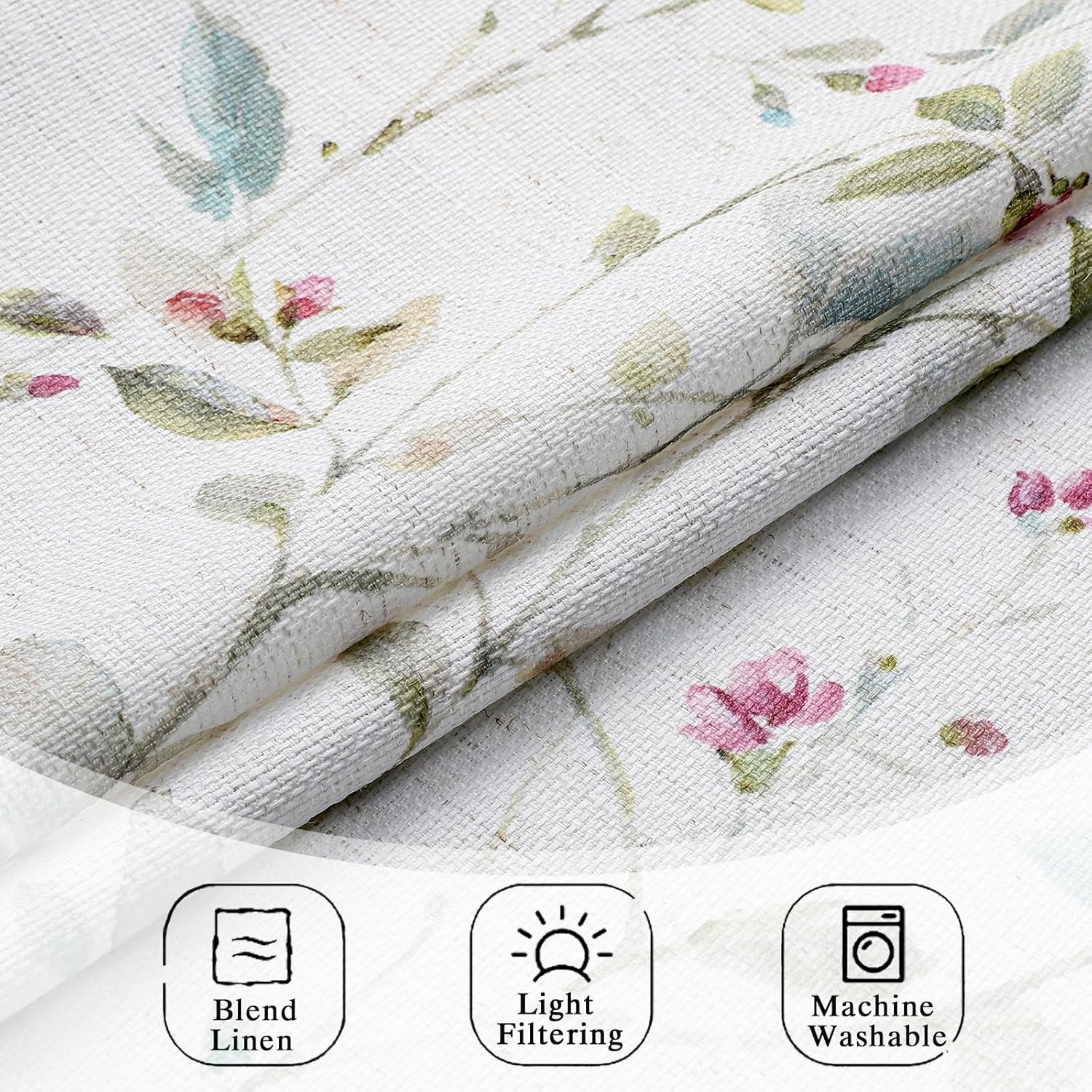 Chyhomenyc Roman Linen Blend Curtains 90 Inch Length 2 Panels Set, Light Filtering Floral Curtains Printed for Living Room, Elegant Dual Rod Pocket Window Treatment, 50Wx90L Inch, 2 PCS