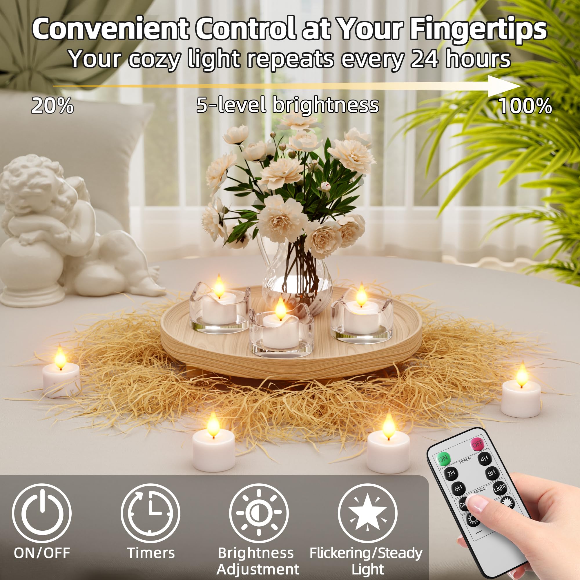 Velas de té recargables sin llama: 12 velas de té que funcionan con pilas con temporizador remoto y base de carga, velas votivas LED parpadeantes para Navidad, Halloween, decoración de bodas