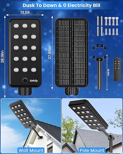 Miniatura 6 de Gefolly SL-11800W Luz solar de calle al aire libre, gran angular, luz de estacionamiento comercial del anochecer al amanecer, 6500K IP67, seguridad