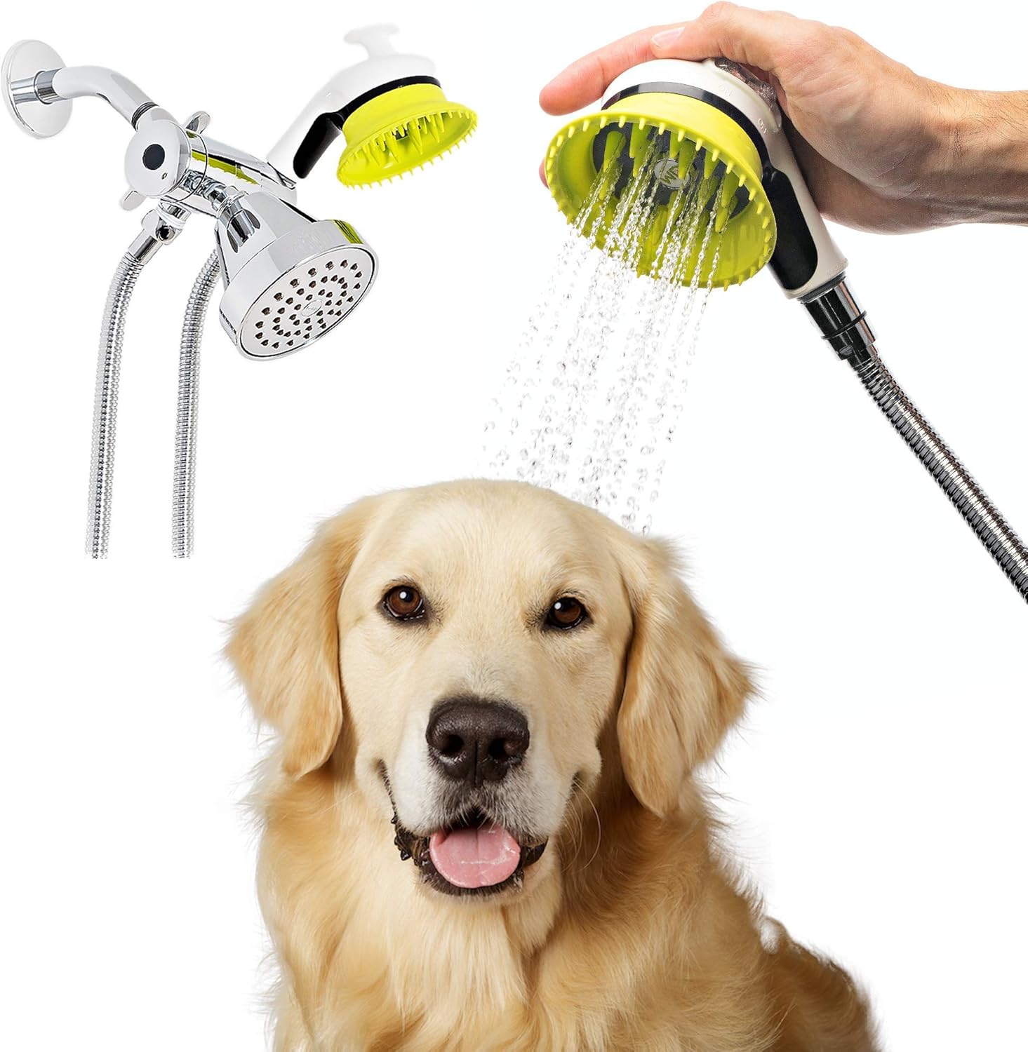 Wondurdog Indoor and Outdoor Dog Wash Kit for Shower and Garden Hose with Splash Shield and Rubber Scrubbing Attachment. Fast and Easy Dog Bathing and Cleaning. Pet Grooming for Long and Short Hair