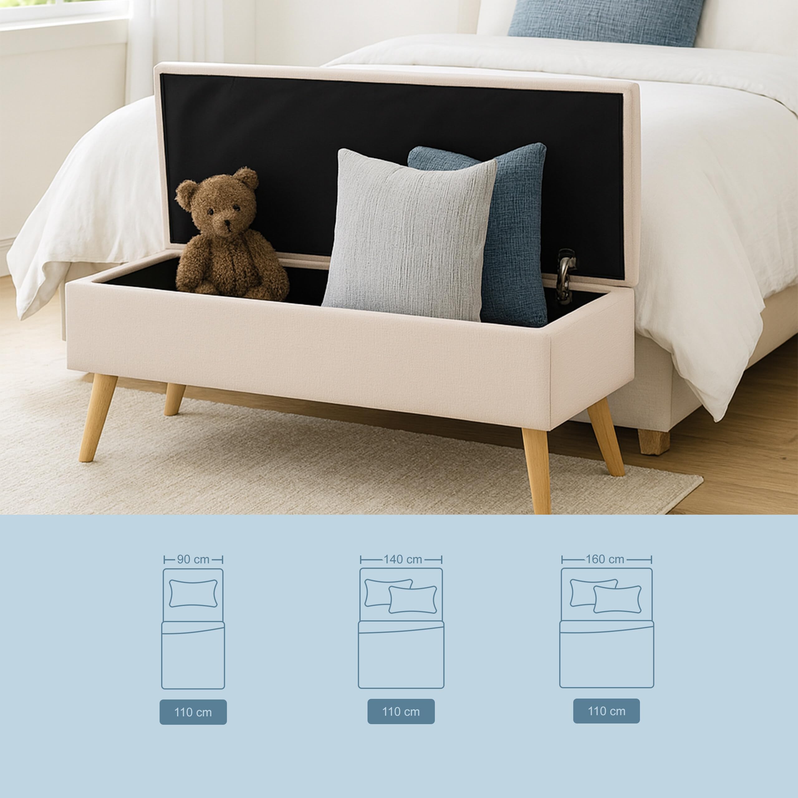 Panca Relaxdays in Lino, con Contenitore, HxLxP: 40 x 110 x 40 cm, Gambe in Legno, Panca Imbottita Beige