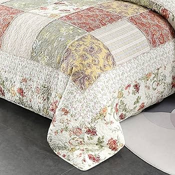 ベッドカバー　花柄チェック柄パッチワーク起毛ベッドスプレッド3点セット Amazon｜KG7HQRP ベッドスプレッド 3点セット チェック柄 花柄
