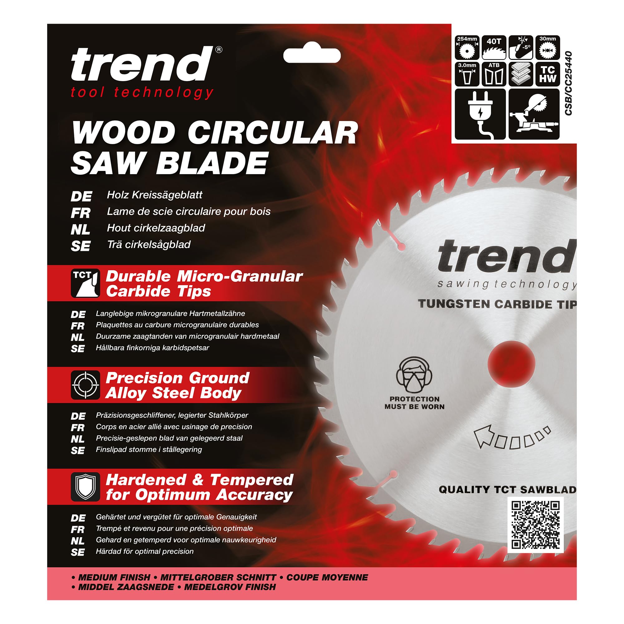 Trend Lame de scie à onglet Wood, diamètre 254 mm, alésage 30 mm, 40 dents, trait de scie 3 mm, crochet -5°, TCT, finition moyenne, CSB/CC25440
